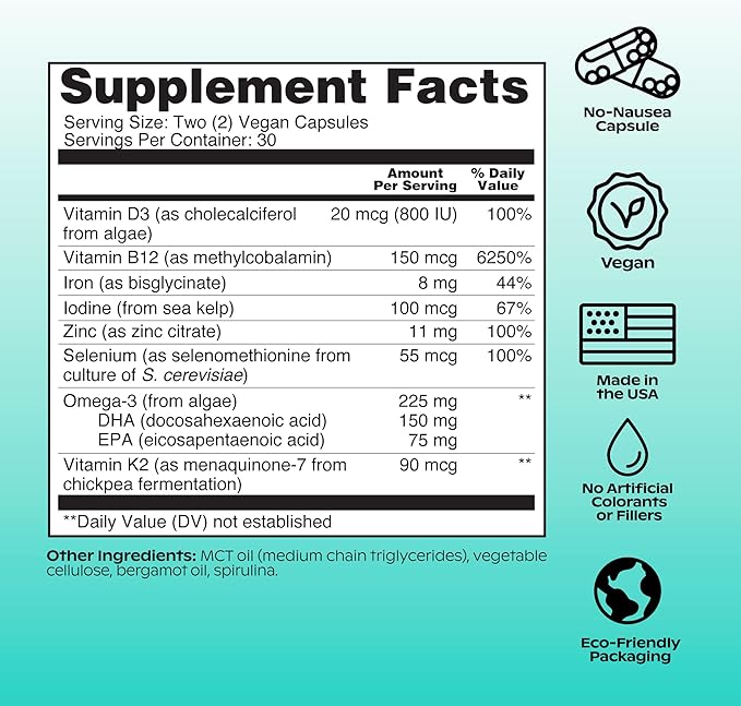 wholier Plant Based Multivitamin Vegan Omega-3 DHA EPA, Vitamin D, Vitamin B12, Zinc, Vitamin K2, Iron, Iodine, Selenium. 60 Count (30-Day Supply) Glass Bottle