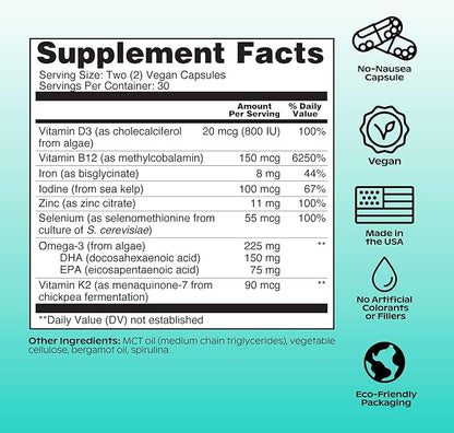wholier Plant Based Multivitamin Vegan Omega-3 DHA EPA, Vitamin D, Vitamin B12, Zinc, Vitamin K2, Iron, Iodine, Selenium. 60 Count (30-Day Supply) Glass Bottle