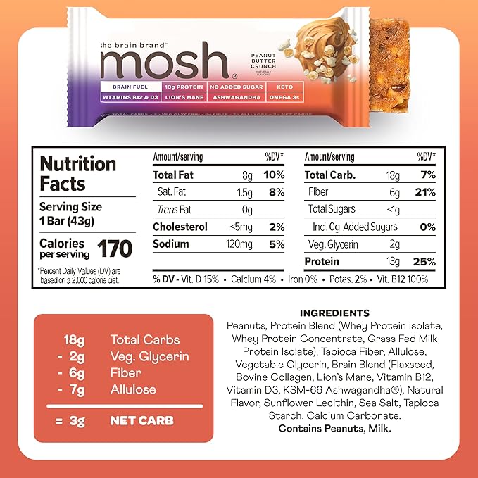 MOSH Variety Pack Keto Protein Bars, High Fiber, Low Carb, Gluten Free, High Protein, Brain Healthy Snack with Ashwagandha, Lion's Mane, 15 Count
