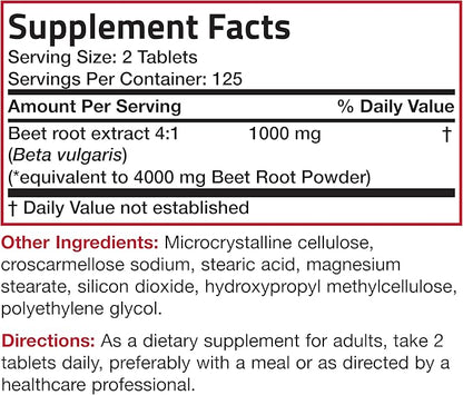 Bronson Beet Root Double Strength 4000mg Equivalent (from 1000 mg of 4:1 Extract), Non-GMO, 250 Vegetarian Tablets