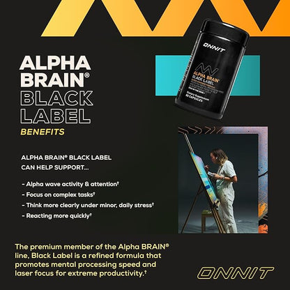 ONNIT Alpha Brain Black Label Capsule (80ct) Premium Citicoline Brain Supplement - Focus, Concentration & Memory - Lion's Mane, Hericium Erinaceus, L Theanine & Mucuna Pruriens