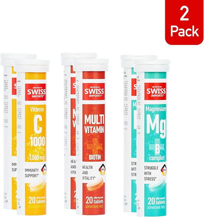 Effervescent Variety Pack with Vitamin C 1000mg, Magnesium + B Complex, Multivitamin + Biotin, 6-Pack, 120 Tablets