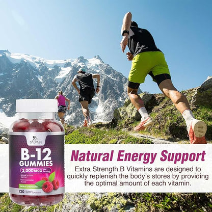 B12 Gummies, Extra Strength Energy 3000 mcg Vitamin B12, B-12 Energy Metabolism & Immune System Support, Chewable Supplement for Adults & Kids, Caffeine Free, Berry Flavored Gummy, Vegan - 120 Count