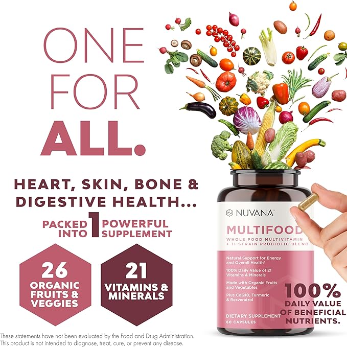Multifood Whole Food Multivitamin for Women | 21 Organic Fruits & Vegtables | Tumeric Boosts Energy, Supports Gut & Immune Health | Prebiotics & Probiotics | 60 Capsules
