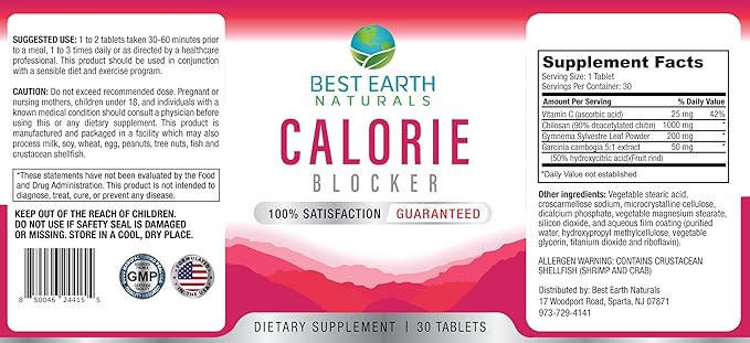 Best Earth Naturals Calorie Blocker Calorie Inhibitor with Chitosan, Gymnema Sylvestre, Vitamin C and More -30 Count