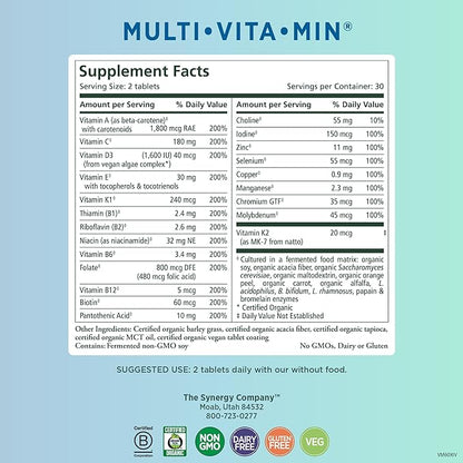 PURE SYNERGY Multi·Vita·Min | Vegan Multivitamin Made with Organic Whole Foods | Twice Daily Supplement for Men and Women | Core Nutrients for Energy, Mood, Immune, and Bone Health (60 Tablets)