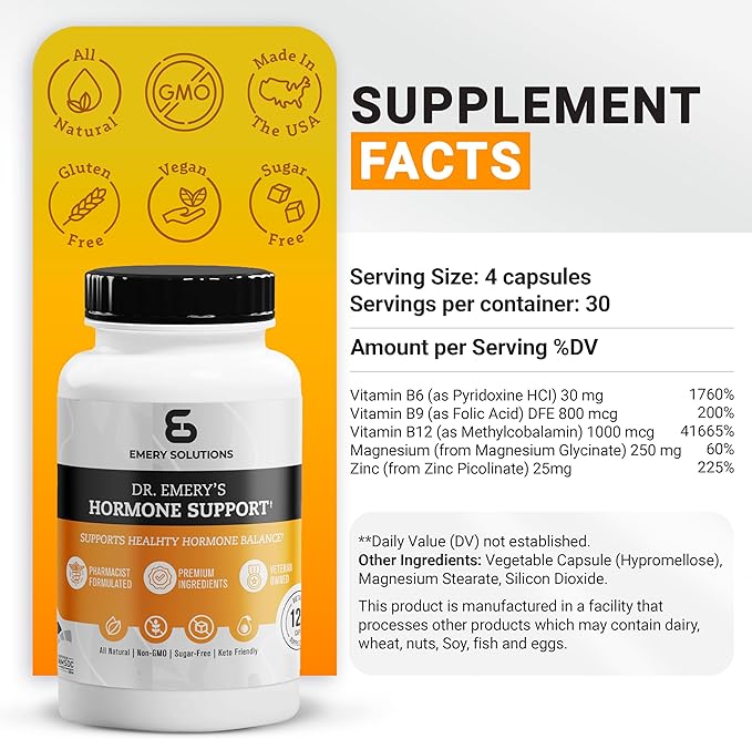 DR. EMERY'S Hormone Support Supplement for Women & Men, Hormone Balance Vitamins - Multivitamin, Natural Essential Vitamins, Zinc, B Vitamin, Magnesium - 120 Caps