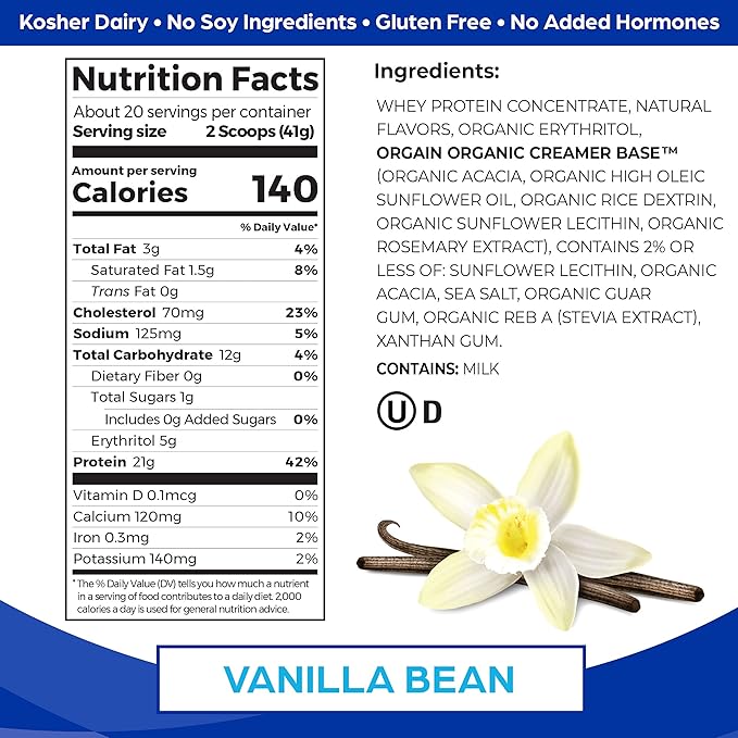 Orgain Whey Protein Powder, Vanilla Bean- 21g Grass Fed Dairy Protein, 5g BCAAs, 3g Prebiotic Fiber, No Sugar Added, No Added Hormones, Gluten Free, Kosher, For Shakes & Smoothies - 1.82lb