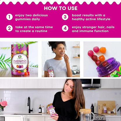 NUTRAMIN Daily Vegan Keto Multivitamin Gummies Non-GMO Natural Vitamin C, D + Zinc for Immunity, Plant-Based, Sugar-Free, Nut-Free, Gluten-Free, Biotin, Vitamin A, B, B6, B12 & More 90 Count, 45 Days