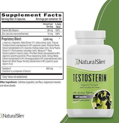 NaturalSlim Testosterin Mens Multivitamins Testosterone Booster - Testosterone Supplement with Vitamin B3, Zinc, Proprietary Blend & Testofen for Muscle Support, Stamina & Metabolism - 180 Capsules