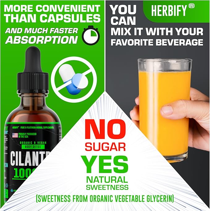 HERBIFY Organic Cilantro Tincture - Herbal Cilantro Supplement for Detox - Rich Source of Antioxidants - Supports Heart and Body Cleanse - Made in USA - Cilantro Extract Organic 4 Fl Oz