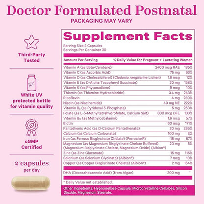 Pink Stork Total Postnatal Vitamins for Women - Mint Essenced Capsules with Vegan DHA, Iron, Folate, and Vitamin B12, Postpartum Recovery Essentials - 1 Month Supply