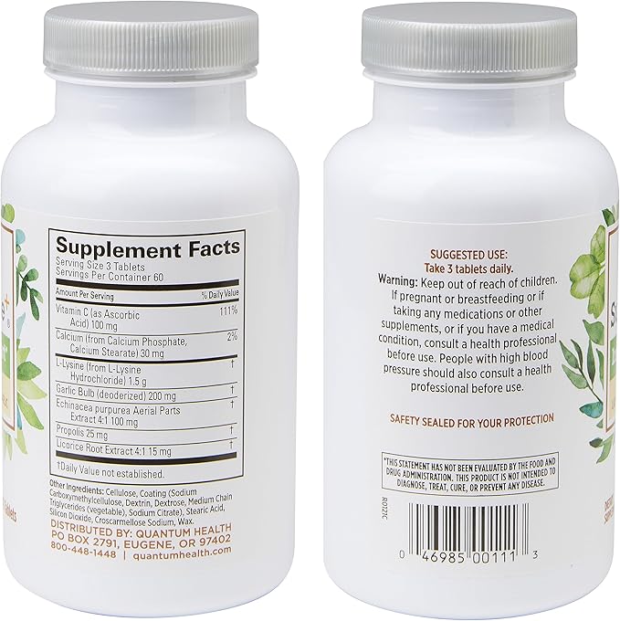 Quantum Health Super Lysine+ / Advanced Formula Lysine+ Immune Support with Vitamin C, Echinacea, Licorice, Propolis, Odorless Garlic (180 Tablets), Packaging may vary