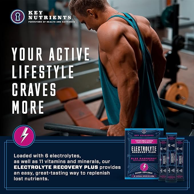 KEY NUTRIENTS Electrolytes Powder Packets - Delicious Blue Raspberry 40 Pack Hydration Packets - Travel Hydration Powder - Made in USA - No Sugar, No Calories, Gluten Free