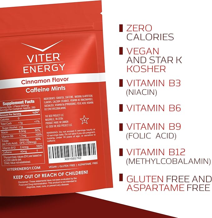 Viter Energy Caffeinated Mints 40mg Caffeine, B Vitamins, Sugar Free. (Cinnamon, 8oz, Bulk Bag)