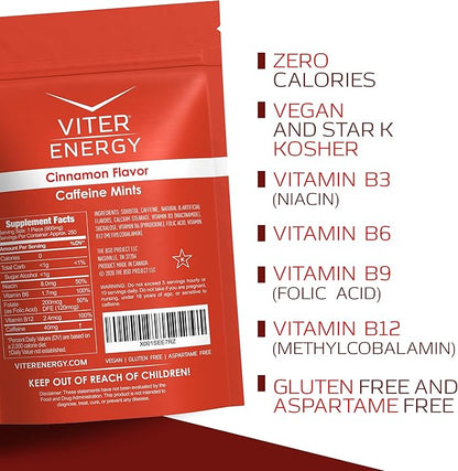 Viter Energy Caffeinated Mints 40mg Caffeine, B Vitamins, Sugar Free. (Cinnamon, 8oz, Bulk Bag)