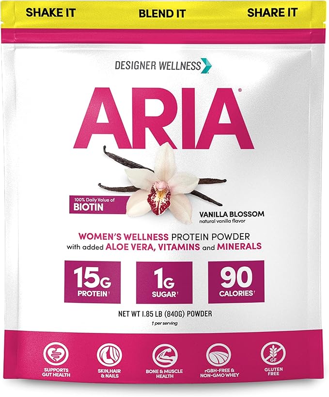 Designer Wellness, Aria, Women's Wellness Low Calorie Vanilla Protein Powder with Biotin, Vitamin C and Organic Aloe, Vanilla Blossom, 1.85 Pound