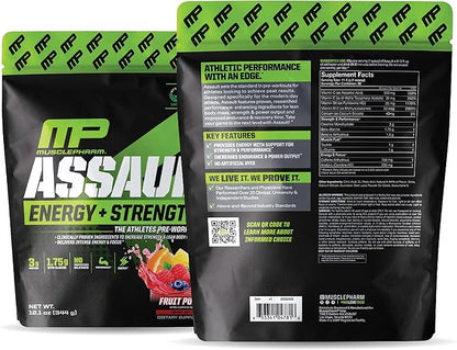 Muscle Pharm Assault Energy & Strength Pre Workout Powder for Men & Women with Beta Alanine, Caffeine, Creatine & Betaine Anhydrous, Pre-Workout Supplements, 30 Servings, Fruit Punch Flavor