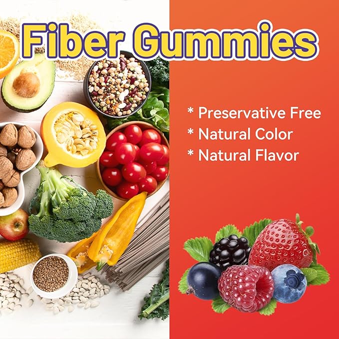 Fiber Gummies, Dietary Fiber, Soluble Fiber, for Women and Men, Gut Health Support, Non-GMOs, Non-Gluten, Vegan, Mixed Berry and Strawberry Flavor, 60 Count Gummies