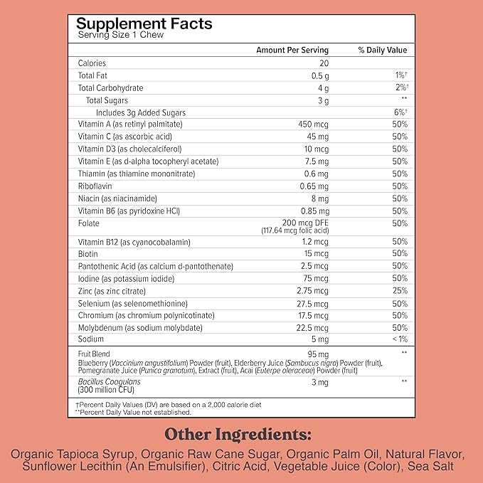 Chewsy Kids' Multivitamin + Probiotics + Superfoods Chews, Immune & Digestive Support, Vitamins A, C, D3, E, Zinc, Kids Chewable Supplement, Individually Wrapped Fruity Chews, 6-Day Supply (1)