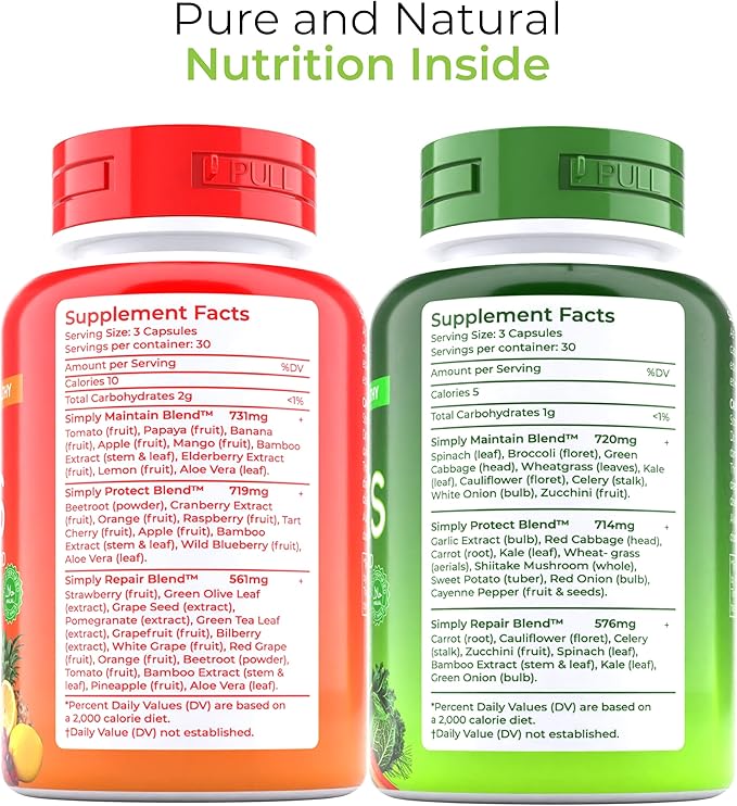 Fruit and Veggies Supplement - Super Greens Men's and Women's Multivitamin -90 Fruit and 90 Vegetables Capsules - Boost High Protein & Energy - 90 Count (Pack of 2) + Travel Size Pill Box