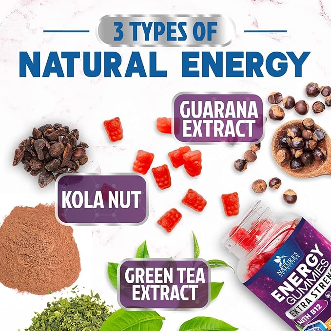Energy Gummies Vitamin B12, Green Tea Natural Caffeine Support, Extra Strength 1000 mcg Daily Energy Vitamins, Delicious Berry Flavor Gluten Free Chewable Supplement for Cycling & Running - 60 Chews