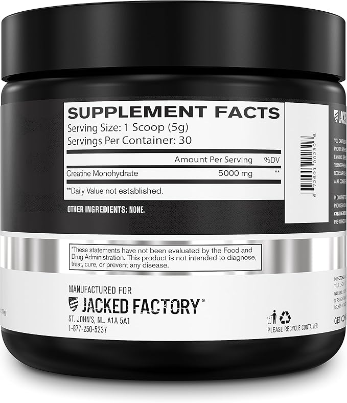 Jacked Factory Creatine Monohydrate Powder 150g - Creatine Supplement for Muscle Growth, Increased Strength, Enhanced Energy Output and Improved Athletic Performance 30 Servings, Unflavored