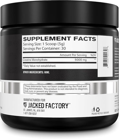 Jacked Factory Creatine Monohydrate Powder 150g - Creatine Supplement for Muscle Growth, Increased Strength, Enhanced Energy Output and Improved Athletic Performance 30 Servings, Unflavored