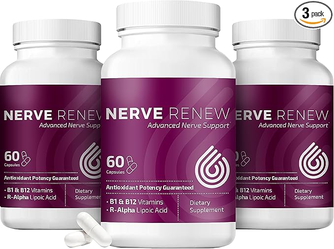 NERVE RENEW Advanced Nerve Support - 300mg Stabilized R-Alpha Lipoic Acid, Vitamin B Complex, Benfotiamine, Herbs for Fast-Acting Support - 3 Pack