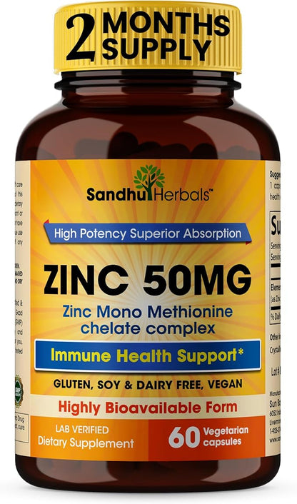 Sandhu Herbals Zinc 50mg Supplement for Men & Women| High Absorption Zinc Monomethionine Complex 60 Capsules| Zinc Supplements for Immune, Acne & Antioxidant Support| Vegetarian