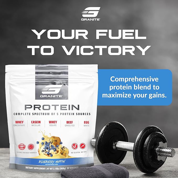 Granite Protein Powder | Whey Isolate & Concentrate| Casein for Lean Muscle Building & Workout Recovery | 30 Servings | Egg & Grass Fed Protein | 23g Protein from 5 Sources | Blueberry Muffin Flavor