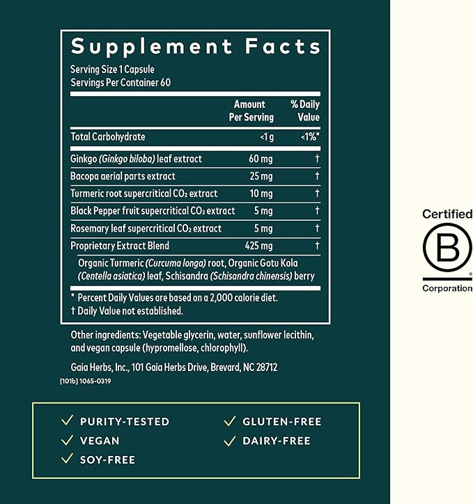 Gaia Herbs Agile Mind - Brain & Cognitive Support Herbal Supplements - with Organic Turmeric Root, Bacopa, Black Pepper, and Ginkgo Biloba - 60 Vegan Liquid Phyto-Capsules (30-Day Supply)
