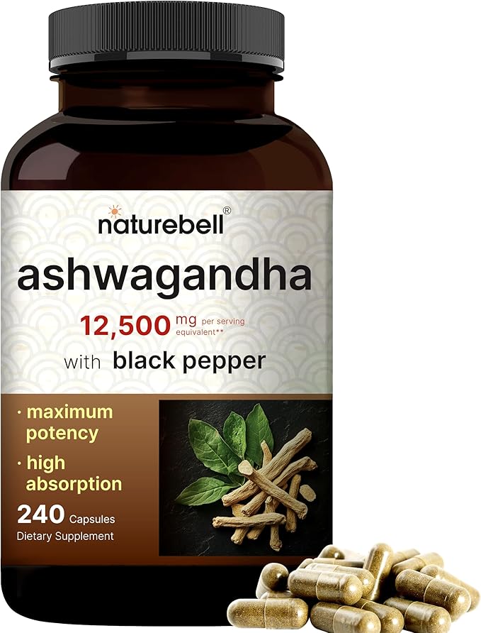 NatureBell Ashwagandha 12,500 mg Equivalent with Black Pepper, 240 Capsules | High Absorption Complex – Extra Strength 25:1 Root Extract – Adaptogens Supplements for Relaxation – Non-GMO