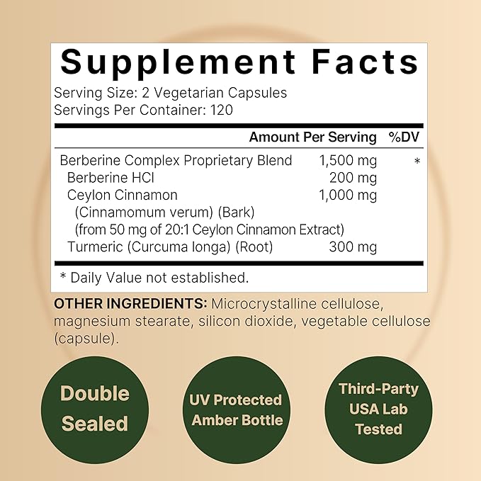 Berberine Supplement 1500mg, 240 Veggie Capsules | Plus 1000mg True Ceylon Cinnamon & 300mg Turmeric Root – 97% Berberine HCL – Plant-Based, Vegan, Non-GMO