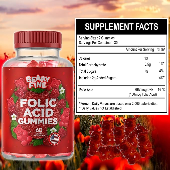 Folic Acid Gummies 400mcg - Essential Prenatal & Pregnancy Gummy for Women, Moms & Baby to Be - 60 Raspberry Flavored Folate Gummy Vitamins - Made in The USA