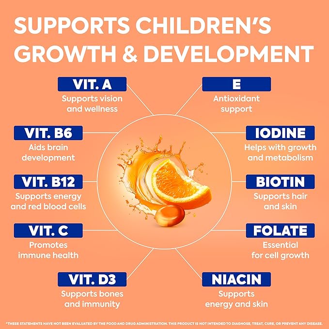 OmegaVia Sugar Free Kids Multivitamin Chewies - Daily Chewable Gummy Vitamins for Kids 3+, Vitamin A, C, D3, E, B6 & B12, Folate & More, Natural Orange Flavor, 30 Count