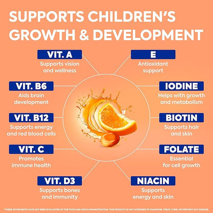 OmegaVia Sugar Free Kids Multivitamin Chewies - Daily Chewable Gummy Vitamins for Kids 3+, Vitamin A, C, D3, E, B6 & B12, Folate & More, Natural Orange Flavor, 30 Count