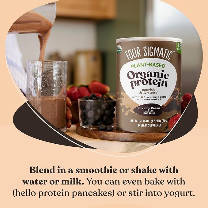 Four Sigmatic Organic Plant-Based Protein Powder Creamy Cacao Protein with Lion’s Mane, Chaga, Cordyceps and More | Clean Vegan Protein Elevated for Brain Function and Immune Support | 21.16 oz