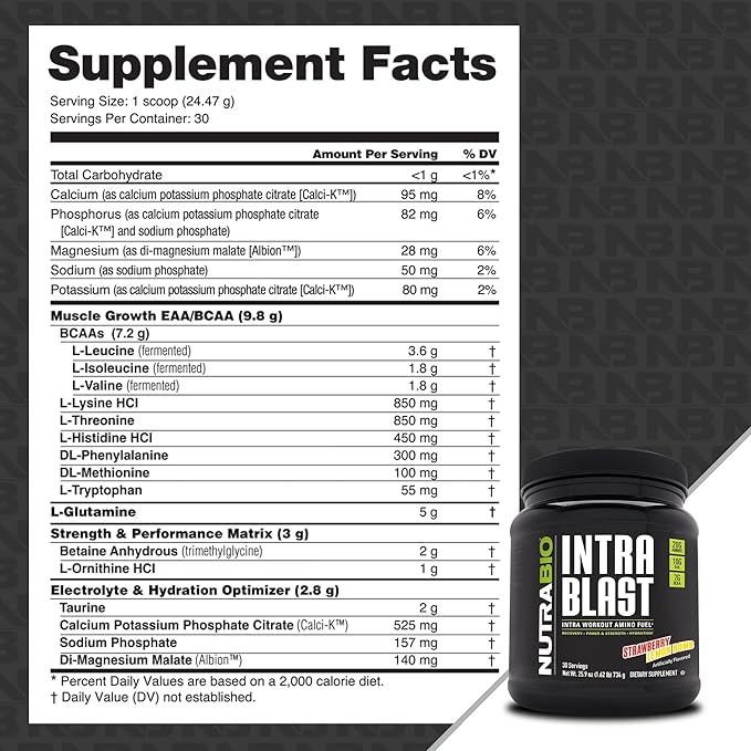 NutraBio Intra Blast BCAA EAA Electrolyte and Hydration Powder - Amino Acid Supplement, EAA/BCAA Powder - Non-GMO and Gluten Free - Strawberry Lemon Bomb - 30 Servings