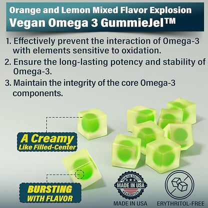 Vegan Omega 3 Gummies 1000mg w/MethylFolate, Vitamin B12, Plant Based DHA 460mg & EPA 230mg for Brain, Joint, Eye & Immunity, Sugar Free Fish Oil Omega 3 Supplements Alternative for Adults, 60 Cts