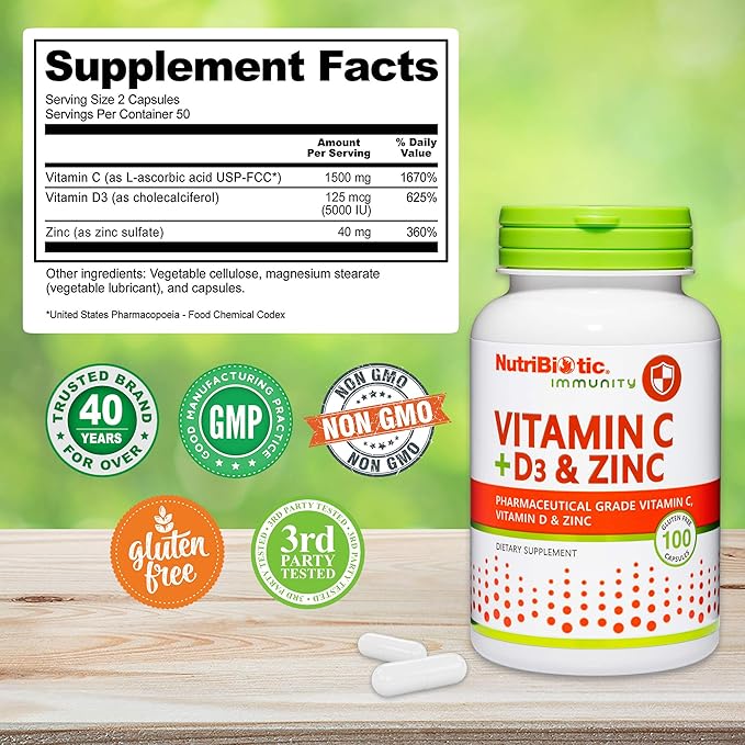 NutriBiotic – Vitamin C + Vitamin D3 & Zinc, 100 Capsules | Potent, Comprehensive Immune Support | Essential & Antioxidant Daily Supplement | Gluten & GMO Free
