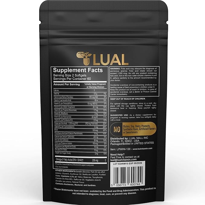LUAL Mini Prenatal Vitamin with DHA & Folate | Prenatal Care with DHA for Expectant Mothers Multivitamin for Pregnant Women 120 Soft Gels