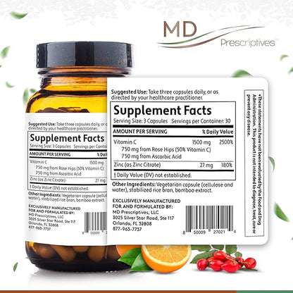 Rose C MD – Synergistic Vitamin C Dietary Supplement with Antioxidants: Rose HIPS, Ascorbic Acid & Zinc – 90 Capsules
