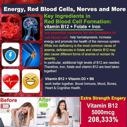 Iron Gummies 18mg+Vitamin B12 5000 mcg for Adults Kids - 4 Months Supply - 98% Purity Carbonyl Iron Supplement for Women Men, w/Folate,D3,B6 for Iron Deficiency&Anemia, Red Blood Cell Formation,Energy