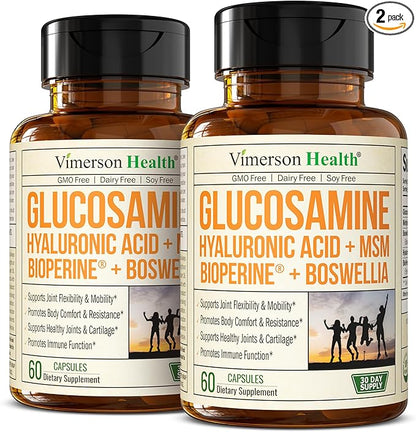 Glucosamine Sulfate with Hyaluronic Acid, Bioperine, MSM & Boswellia. 5-in-One Joint Support Supplement. Antioxidant & Inflammatory Support - Joint Health, Flexibility and Comfort. 2 Pack