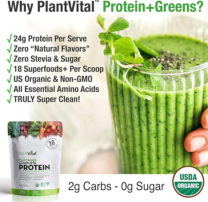 Plantvital Unflavored Organic Vegan Protein Powder - 18 Superfoods, Veggies and Probiotics - Organic Plant-Based Protein Powder - All BCAA’s, Gluten Free - 16oz (Pack of 2)