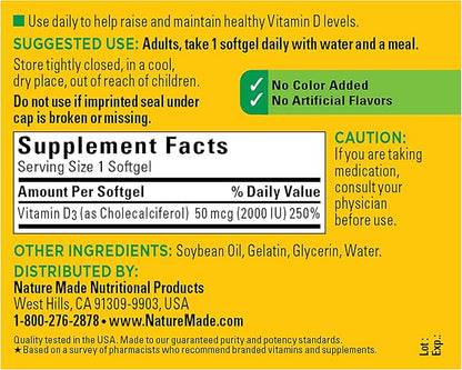 Nature Made Vitamin D3 2000 IU (50 mcg), Dietary Supplement for Bone, Teeth, Muscle and Immune Health Support, 250 Softgels, 250 Day Supply