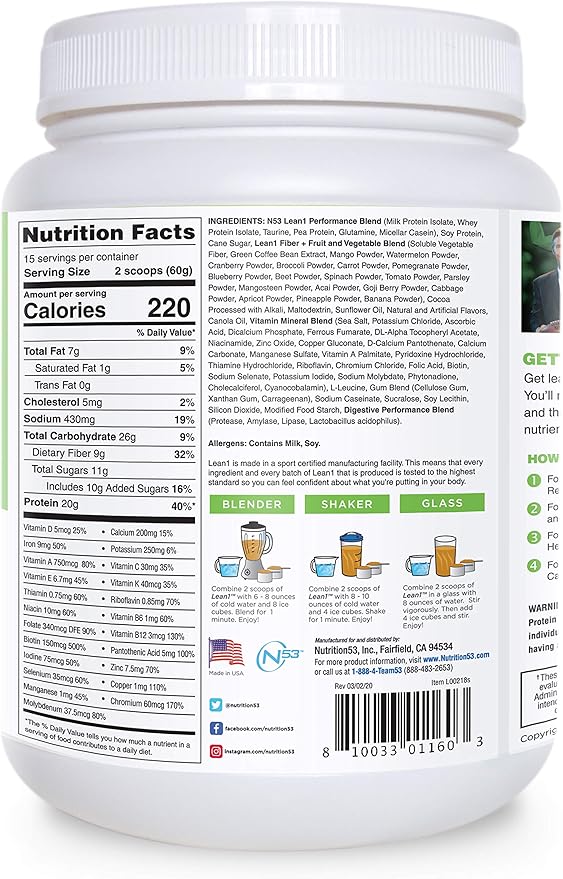 Lean1 Meal Replacement Protein Powder, Chocolate Peanut Butter Flavor, 15-Serving Tub.