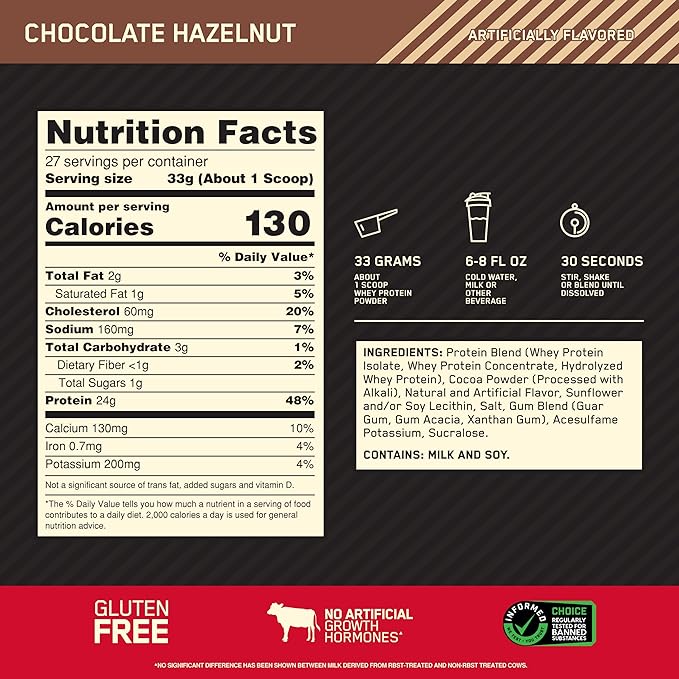 Optimum Nutrition Gold Standard 100% Whey Protein Powder, Chocolate Hazelnut, 2 Pound (Packaging May Vary)