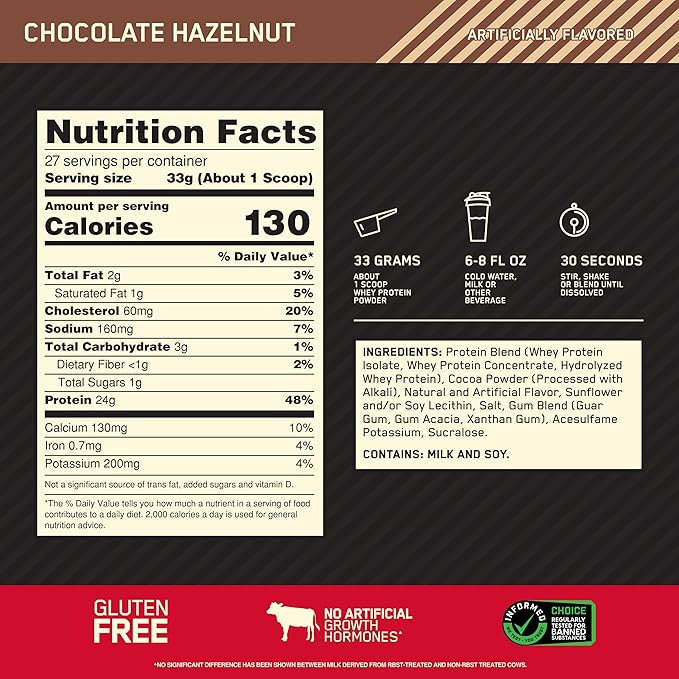 Optimum Nutrition Gold Standard 100% Whey Protein Powder, Chocolate Hazelnut, 2 Pound (Packaging May Vary)
